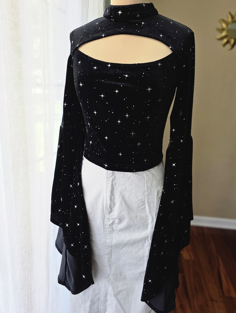 Black Velvet Celestial Star Cutout Top XS Bell Sleeve Whimsigoth Y2K Gothic 90s